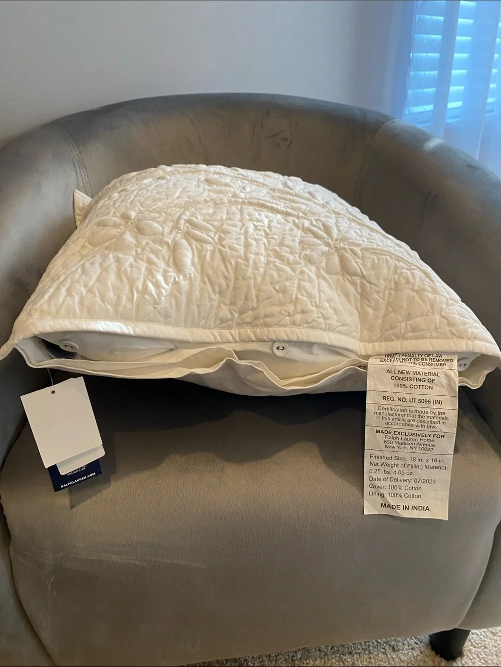 Ralph Lauren Cream Quilted Floral Euro Feather Pillow & 100% Cotton Pillow Sham